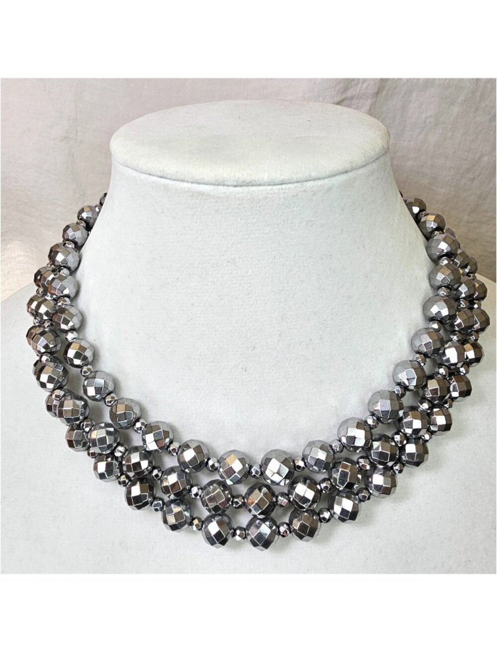 Faceted Silver Hematite Sterling Silver Multi Strand Bib Necklace, 17”